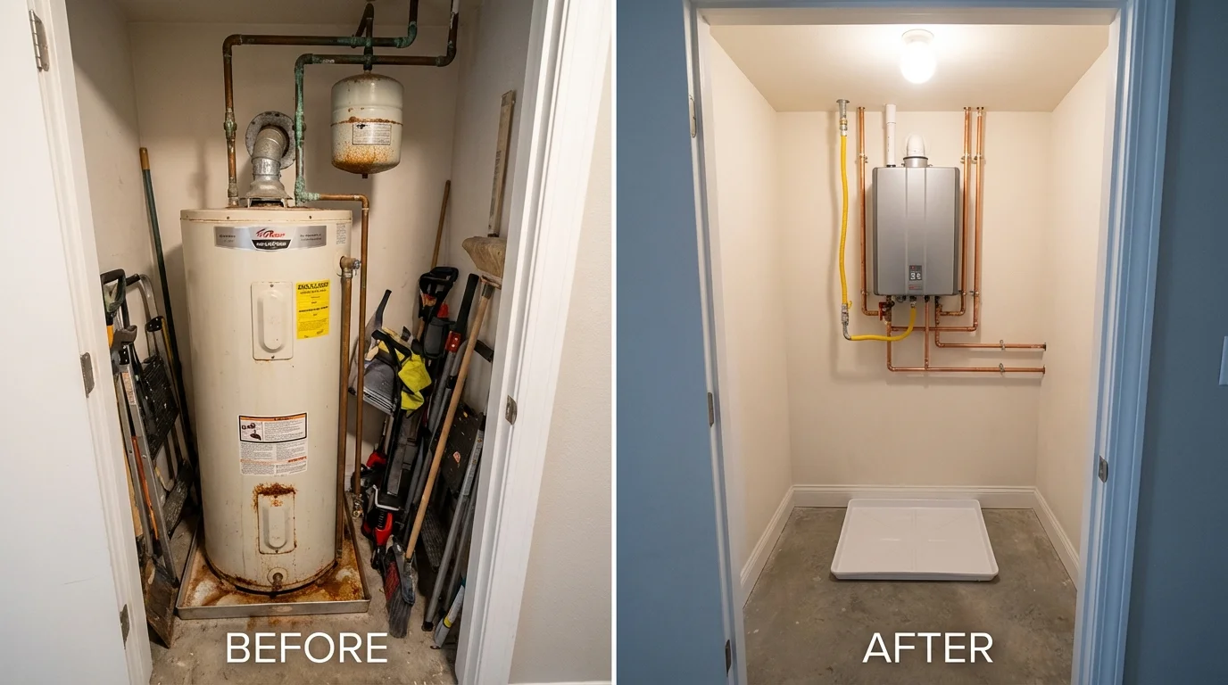 Tank water heater versus wall-mounted tankless unit comparison for Caledonia, WI homeowners