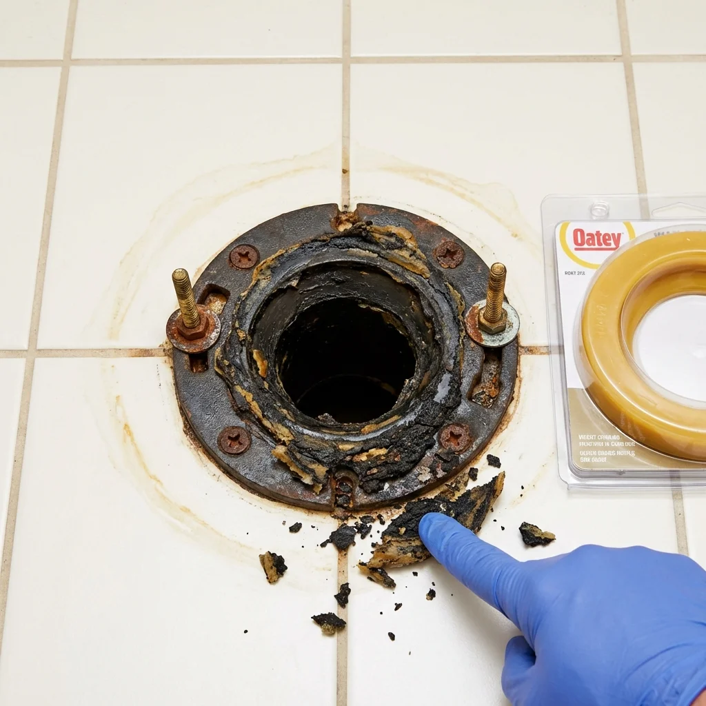 Failed wax ring showing water seepage at the base of a toilet in a Caledonia, WI home