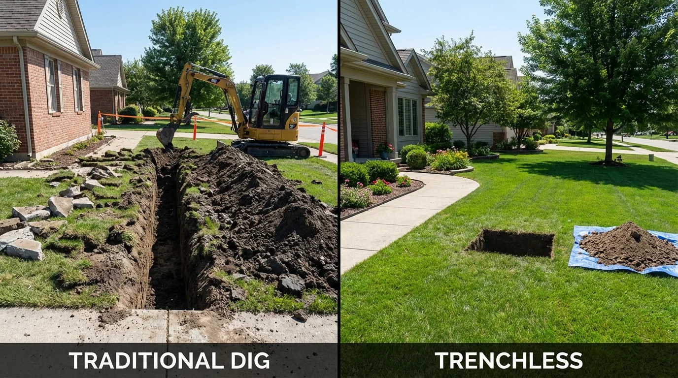 Trenchless sewer repair with minimal yard damage versus traditional excavation in Caledonia, WI